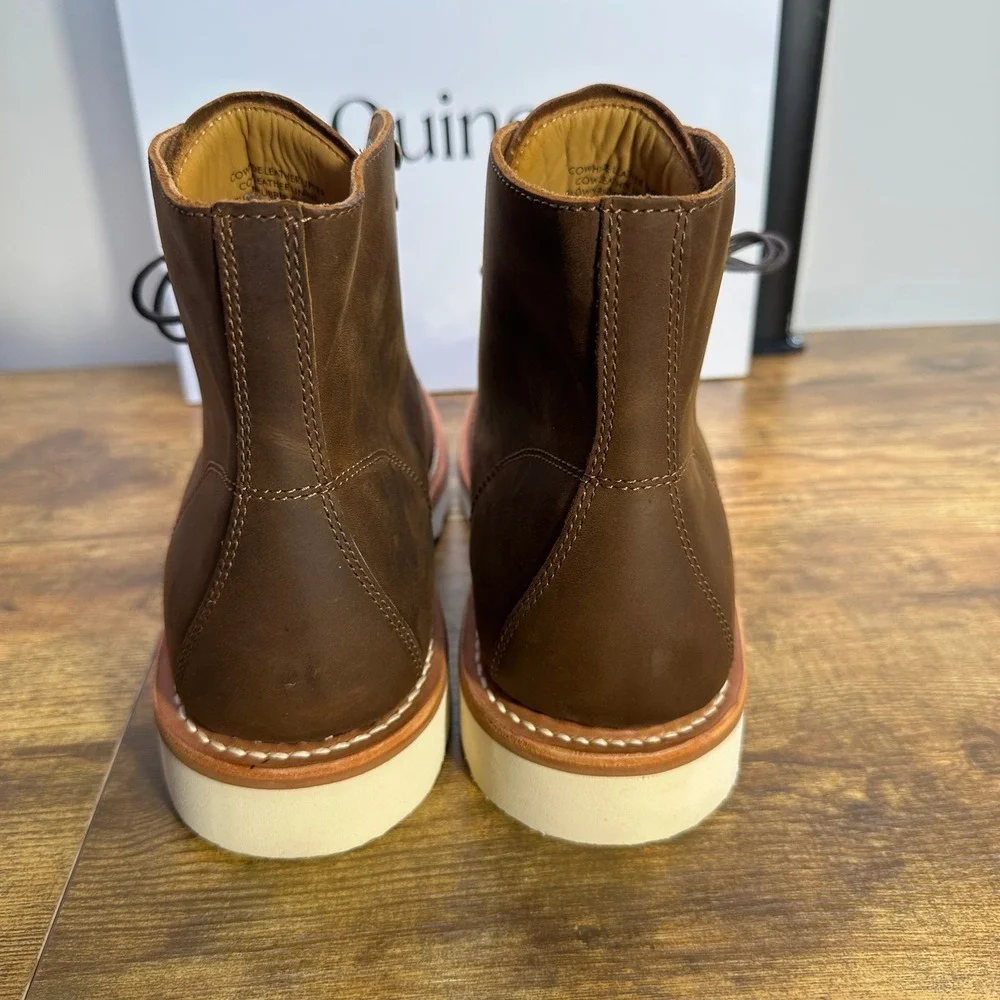 Quince Mens Leather Moc Toe Boots Brown Cowhide Wedge Sole‎ 10.5